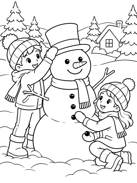 Kids building a snowman coloring page