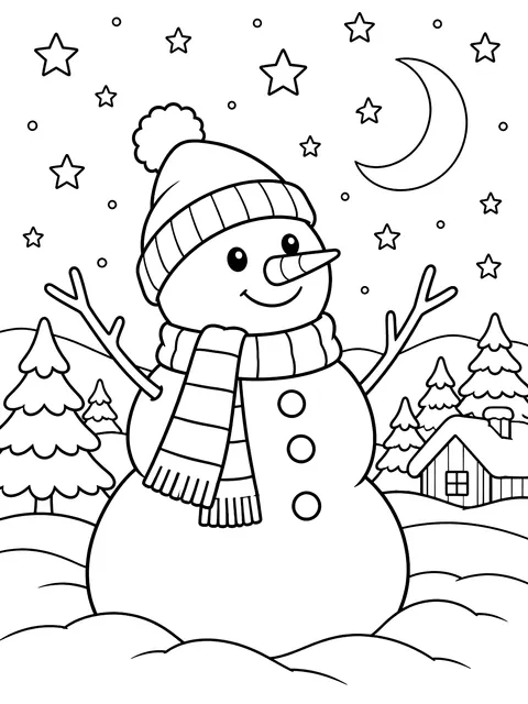 Snowman under a starry sky coloring page