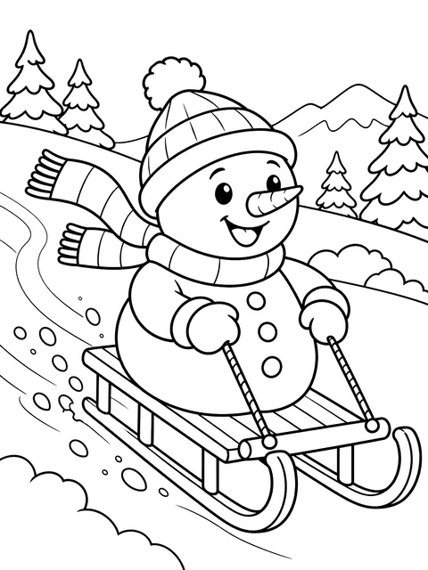 Snowman on a sled coloring page