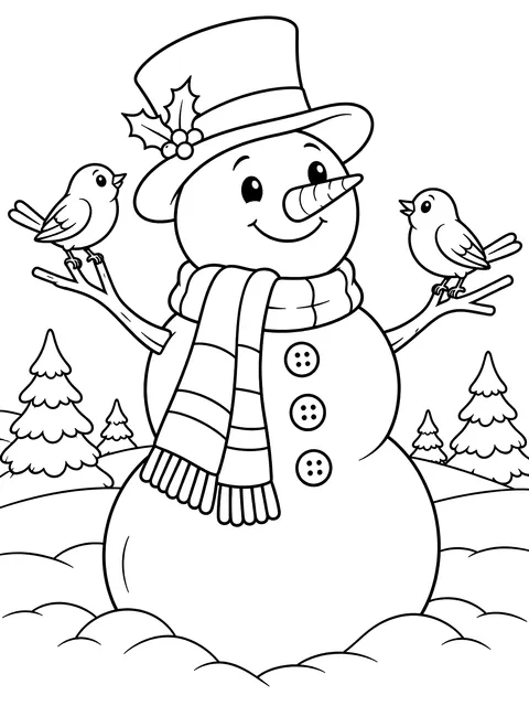 Snowman with birds on its arms coloring page