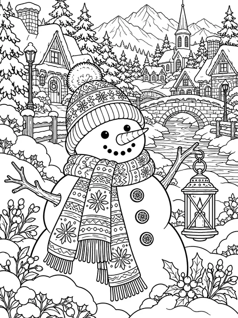 Detailed Snowman in a snowy village coloring page