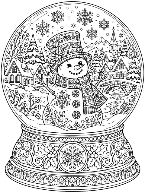 Detailed Snowman inside a snow globe coloring page