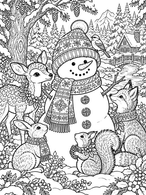 Detailed Snowman surrounded by forest animals coloring page