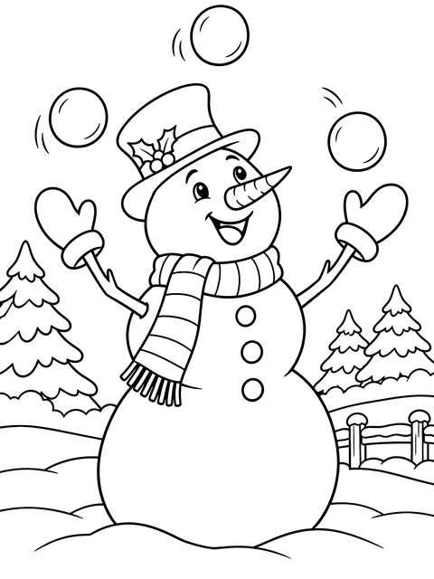 Snowman juggling snowballs coloring page