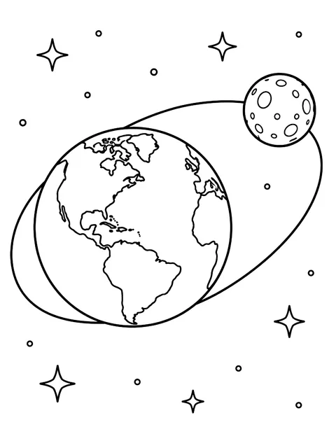 Earth and the moon in orbit coloring page