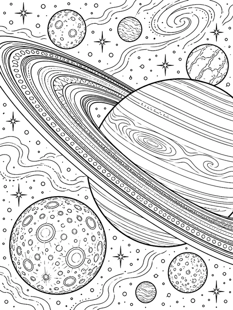 Detailed Close-up of Saturn's rings and moons coloring page