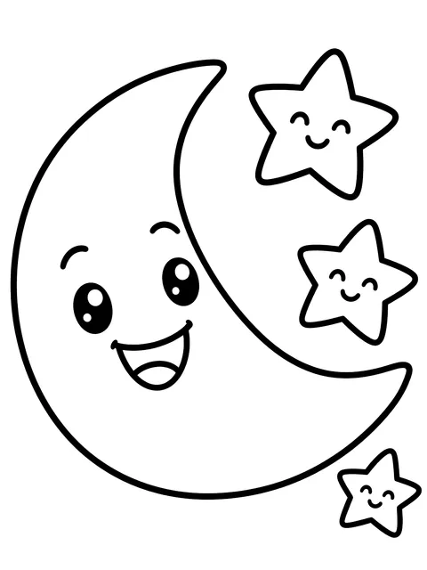 Easy Smiling crescent moon and stars coloring page