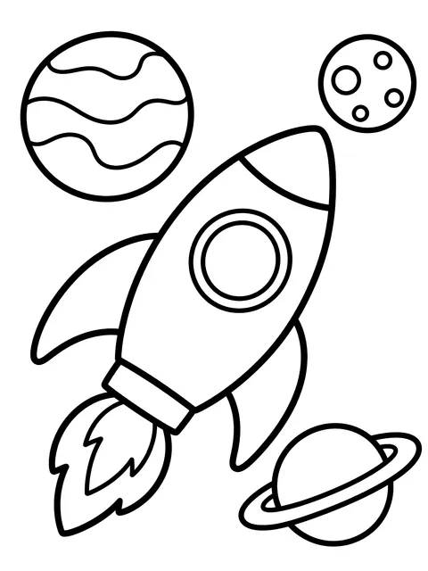 Easy Rocket among three planets coloring page