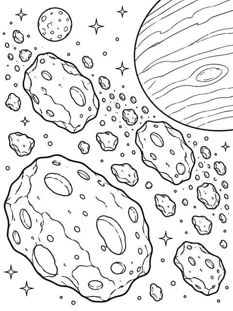Asteroids tumbling through space coloring page