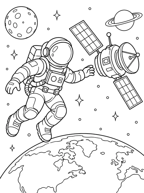 Astronaut floating near a satellite coloring page