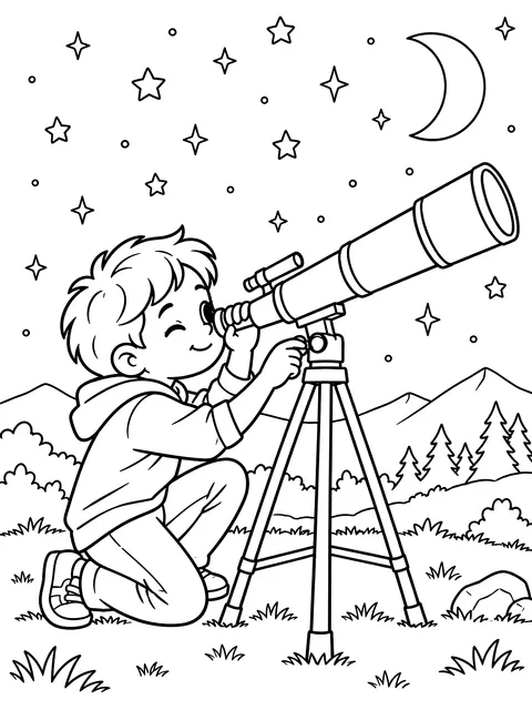 Child stargazing with a telescope coloring page