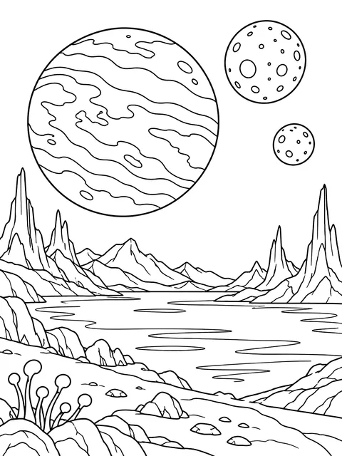 Alien planet with two moons coloring page