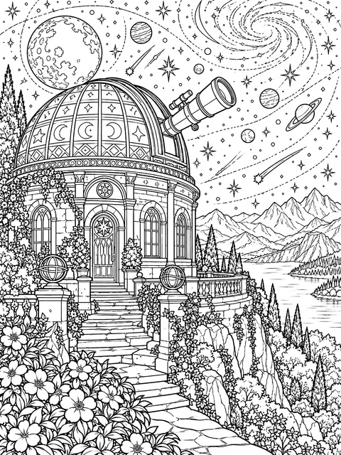 Detailed Observatory under the stars coloring page