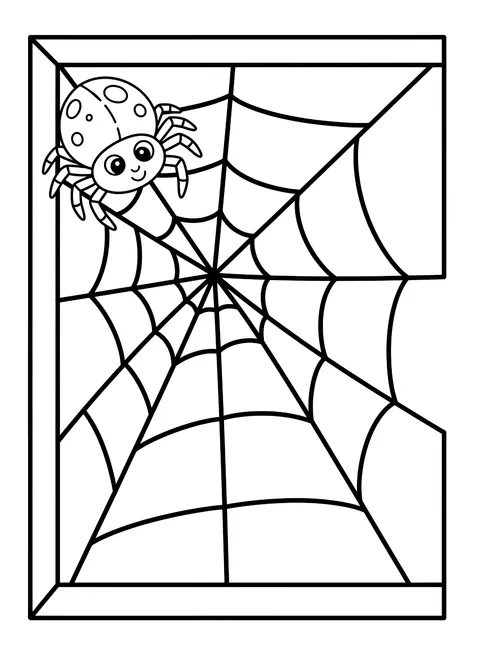 Easy Spider spinning a web in a window corner coloring page