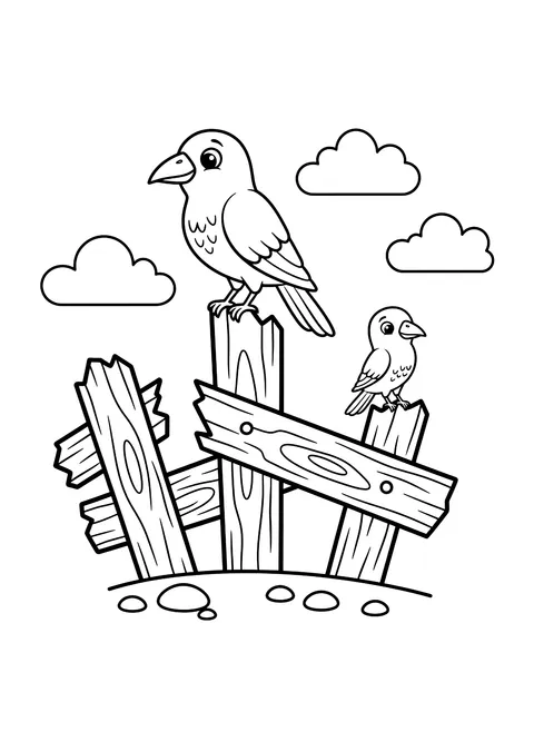 Easy Crows on a broken fence coloring page
