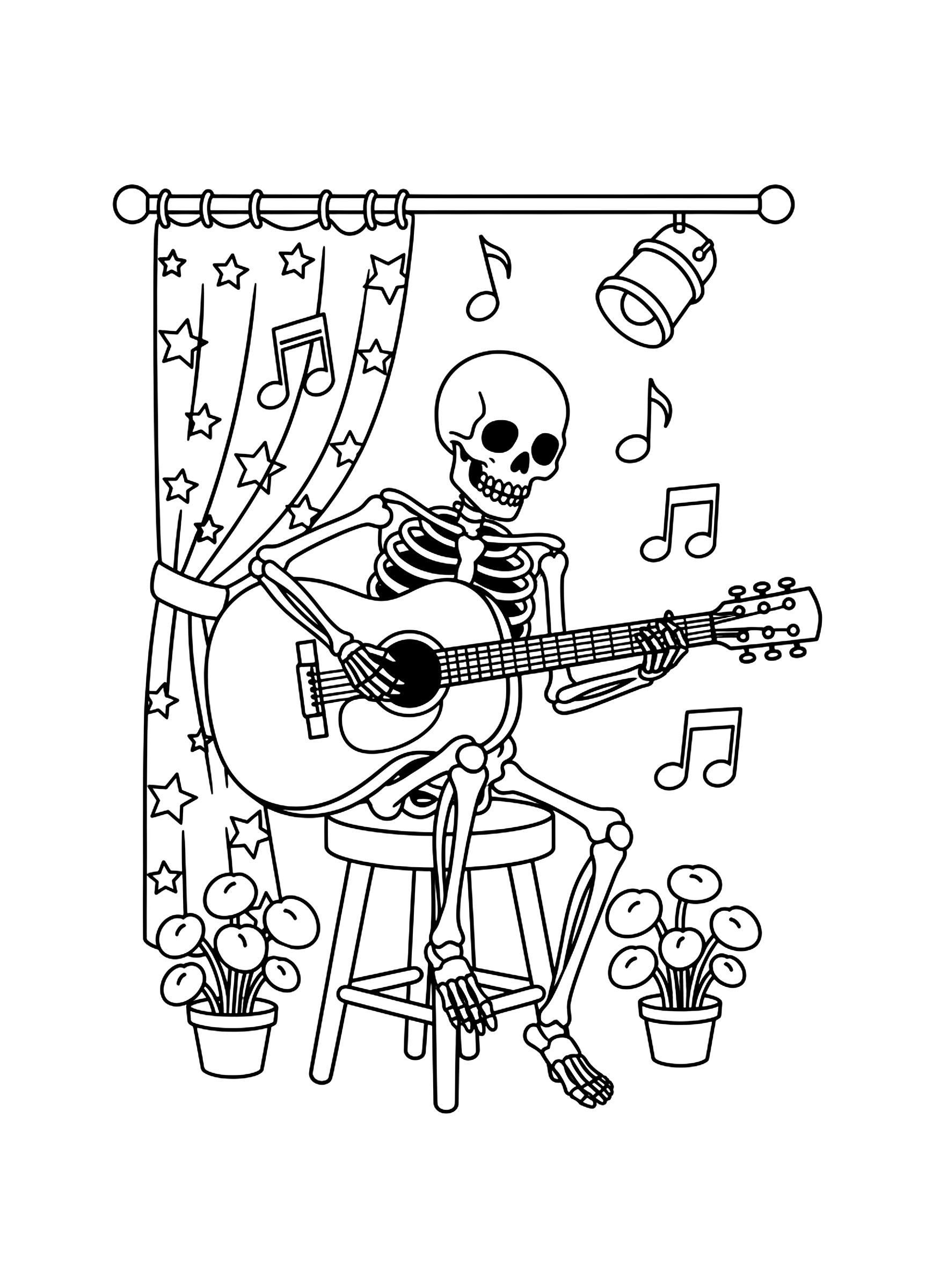 Skeleton playing a guitar coloring page