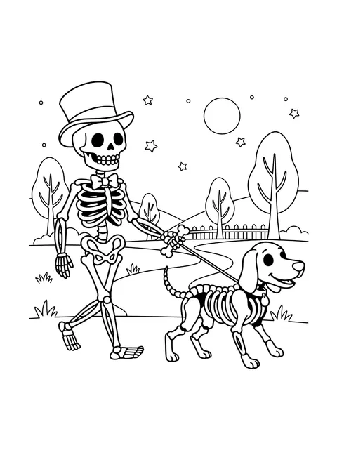 Skeleton walking a skeleton dog coloring page