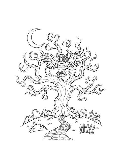 Creepy bare tree with an owl coloring page