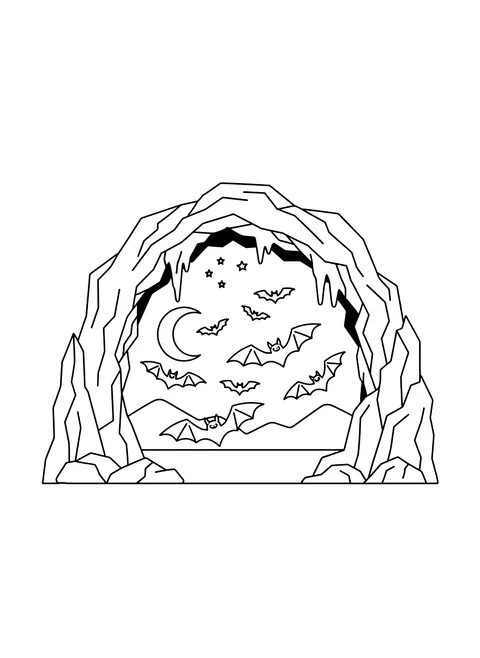 Bats flying out of a cave coloring page