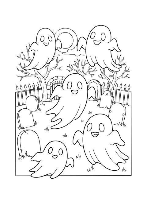 Ghosts drifting through a graveyard coloring page