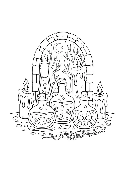 Potion bottles and dripping candles coloring page
