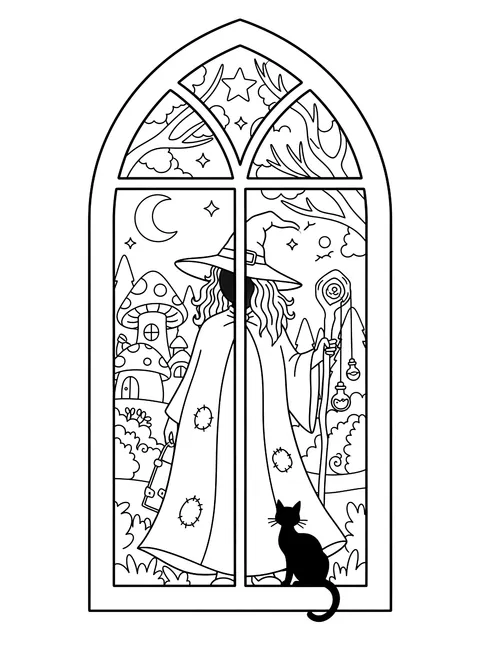 Witch's shadow in a lit window coloring page
