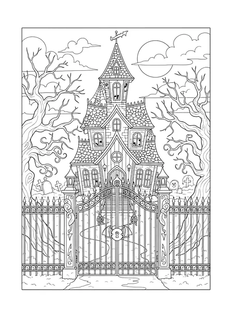 Detailed Haunted mansion behind an iron gate coloring page