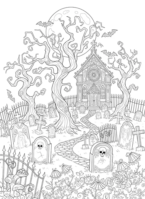 Detailed Detailed graveyard with twisted trees coloring page