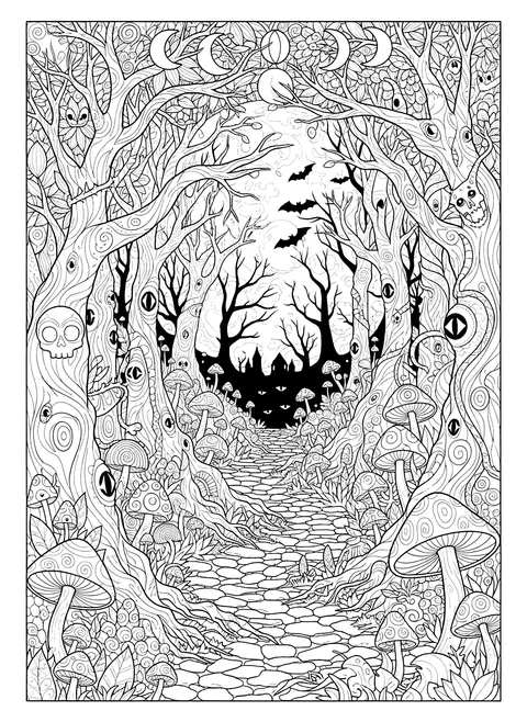 Detailed Spooky forest path with glowing eyes coloring page