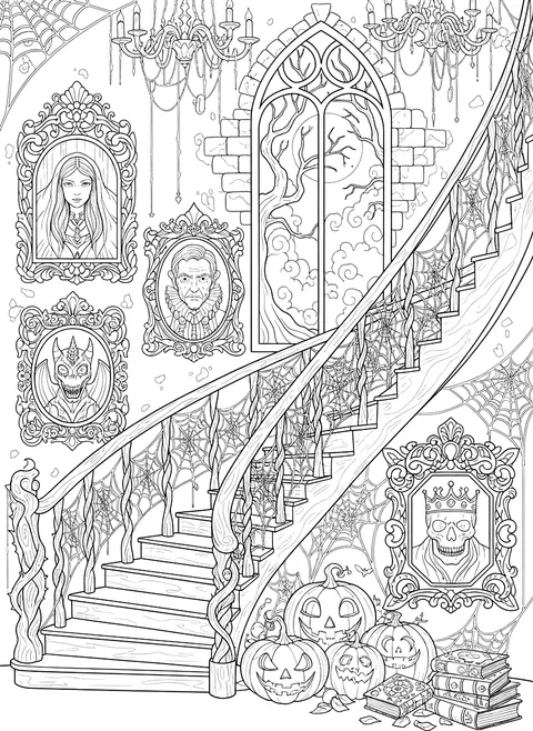 Detailed Haunted staircase with portraits and cobwebs coloring page