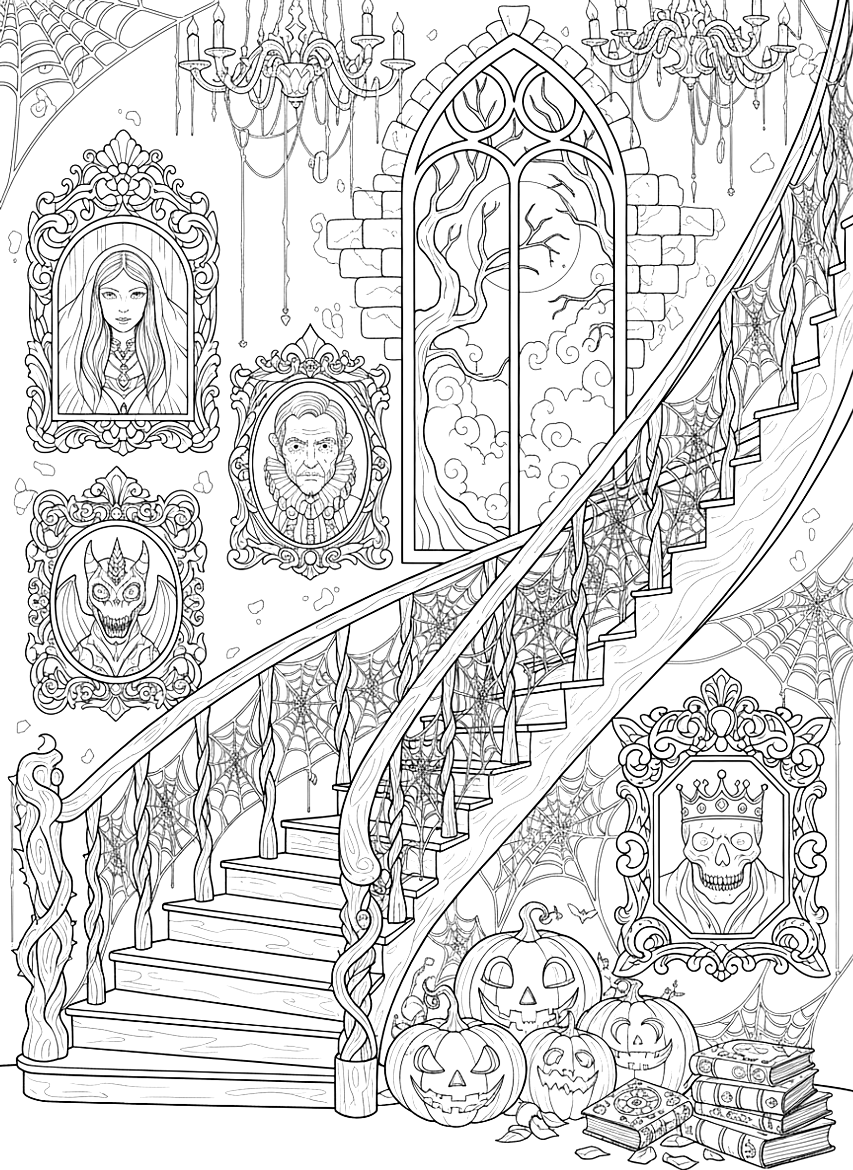 Detailed Haunted staircase with portraits and cobwebs coloring page