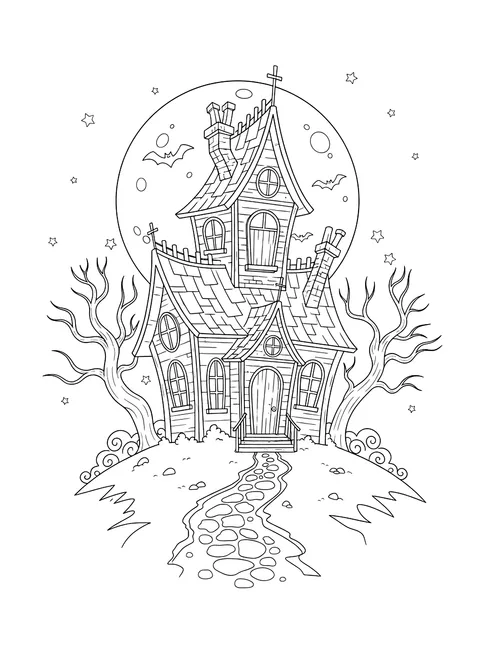 Crooked haunted house under a full moon coloring page