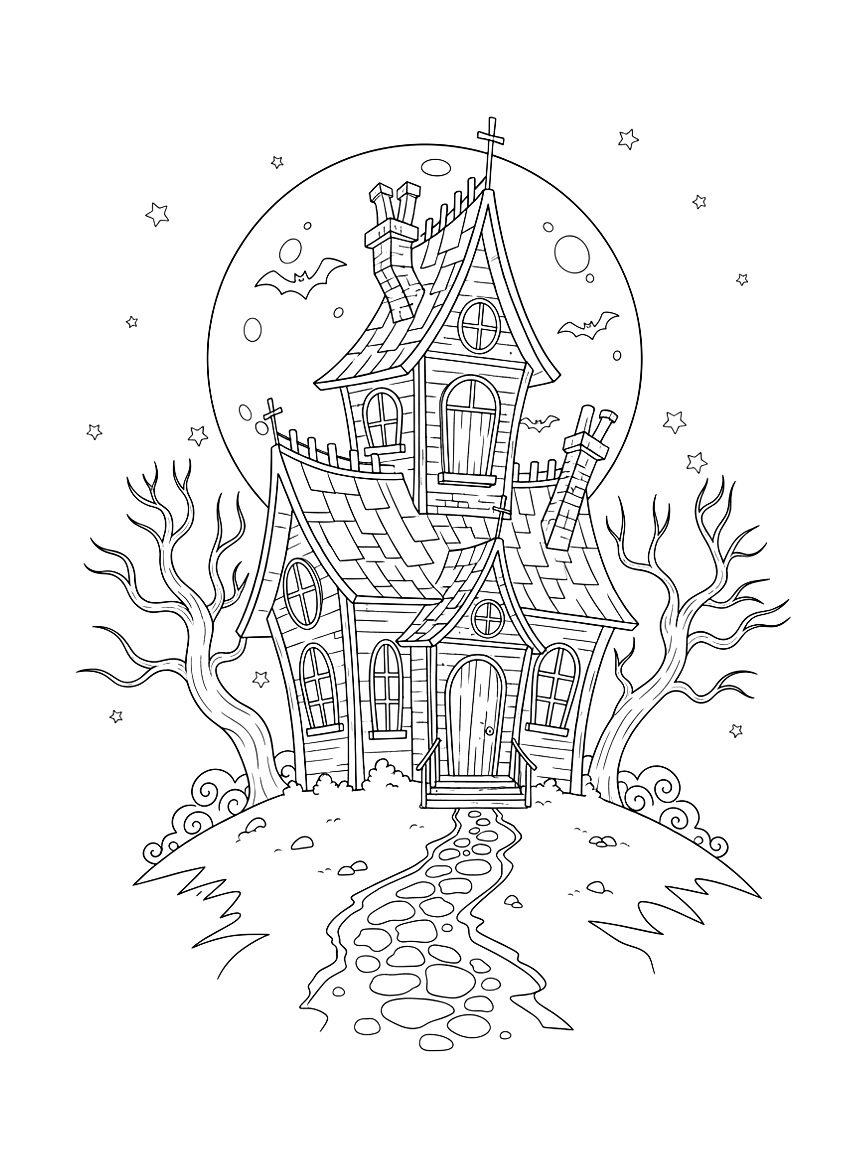 Crooked haunted house under a full moon coloring page