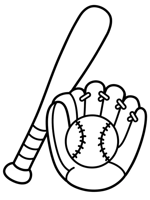 Easy Baseball bat and glove coloring page