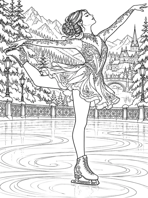 Detailed Figure skater in a spin coloring page