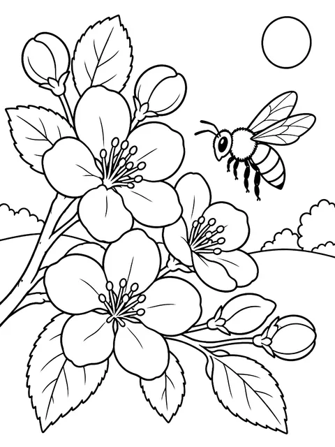 Apple blossoms with a bee coloring page