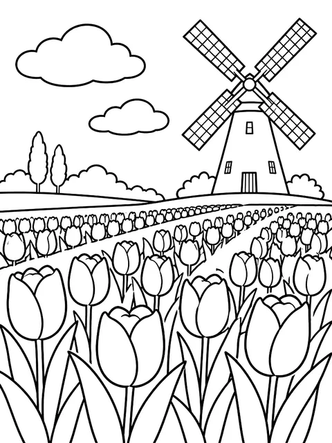Field of tulips with a windmill coloring page
