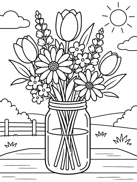 Spring bouquet in a jar coloring page