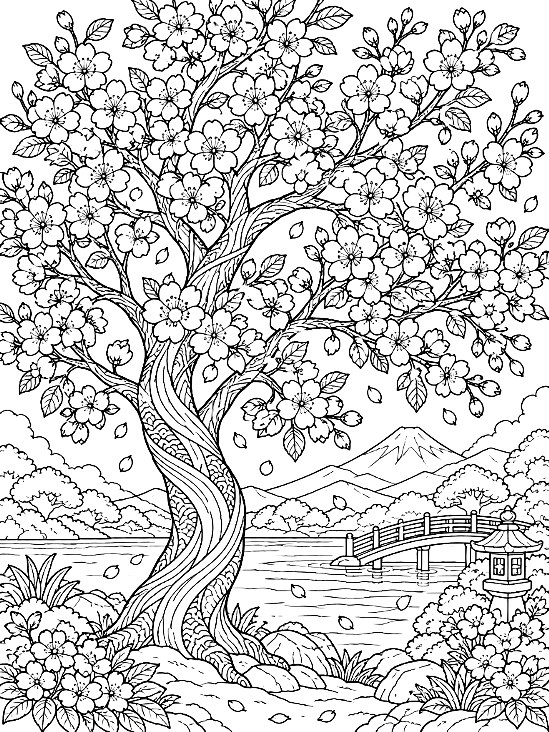 Detailed Cherry tree in full bloom coloring page