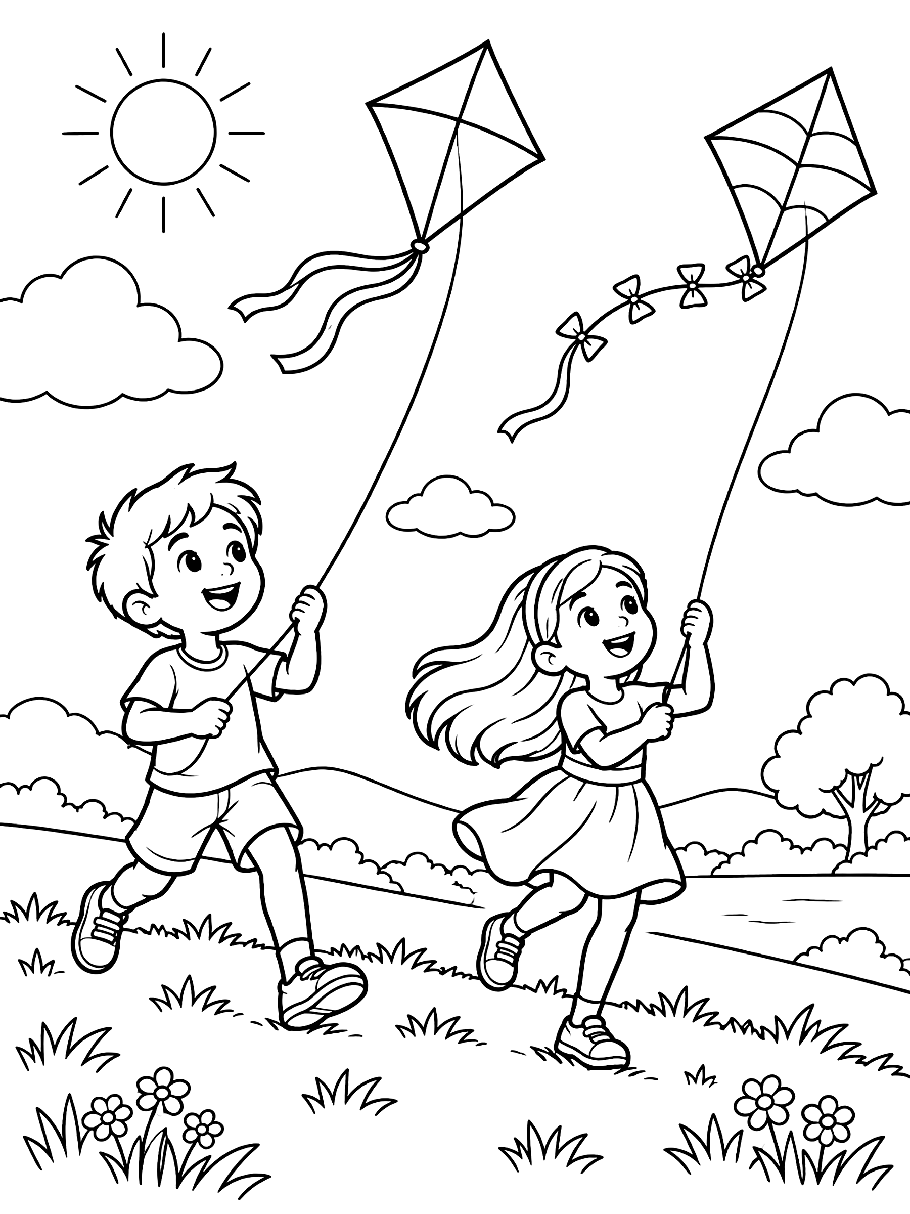 Kids flying kites on a hill coloring page