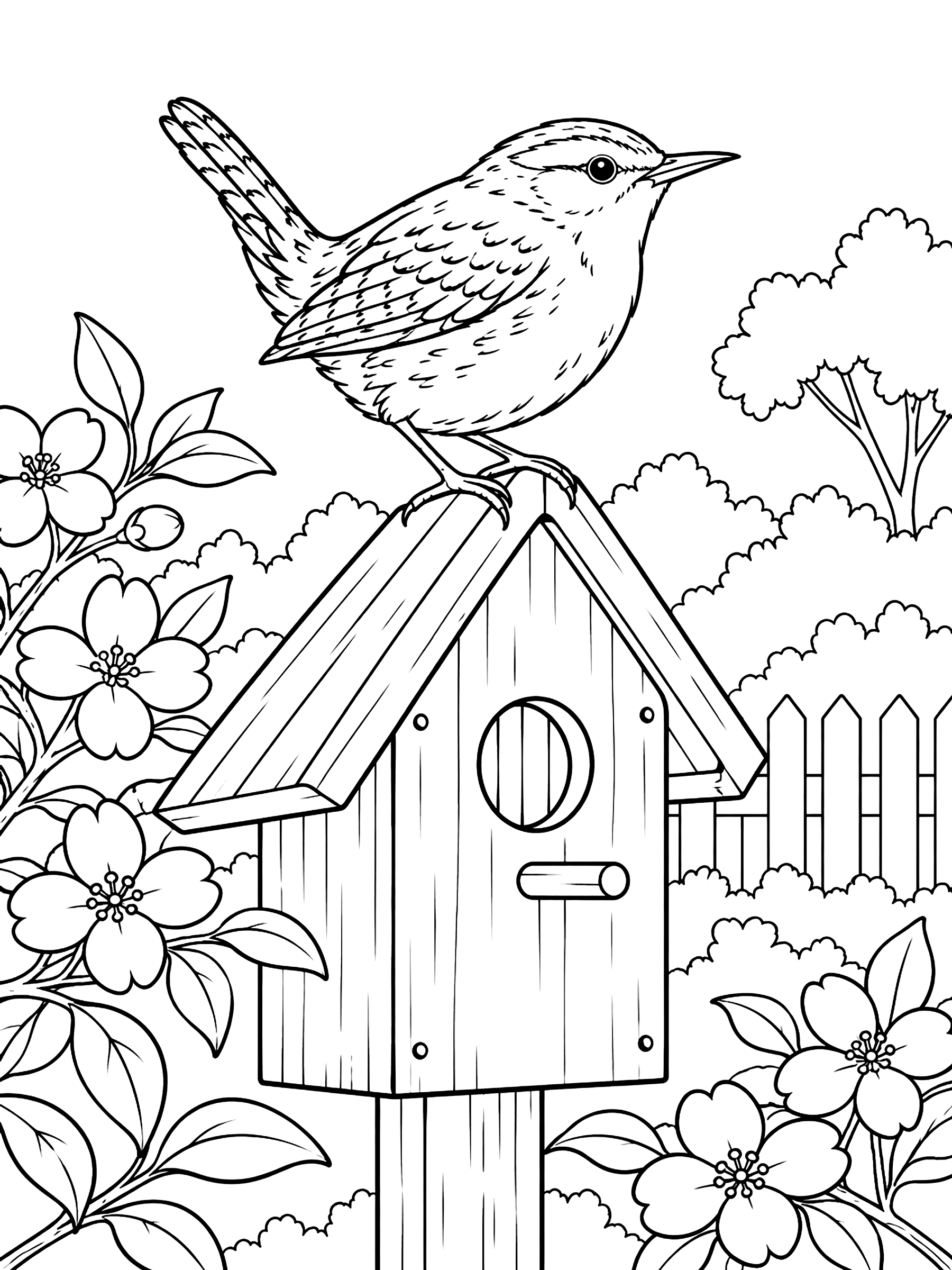 Wren on a birdhouse coloring page