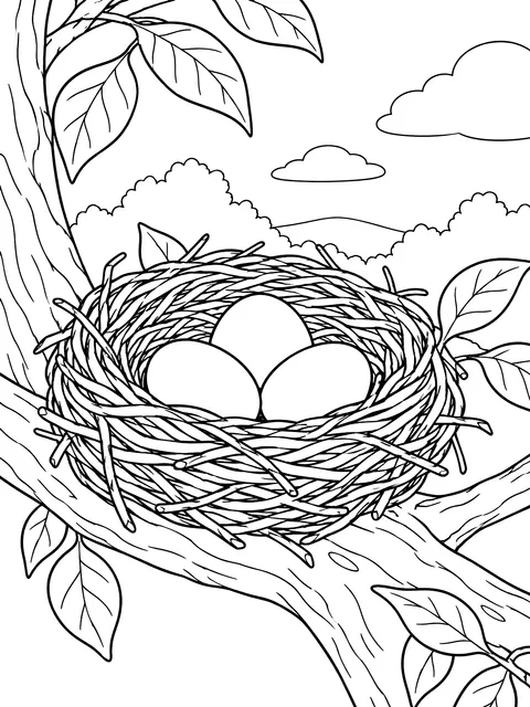 Robin's nest with three eggs coloring page