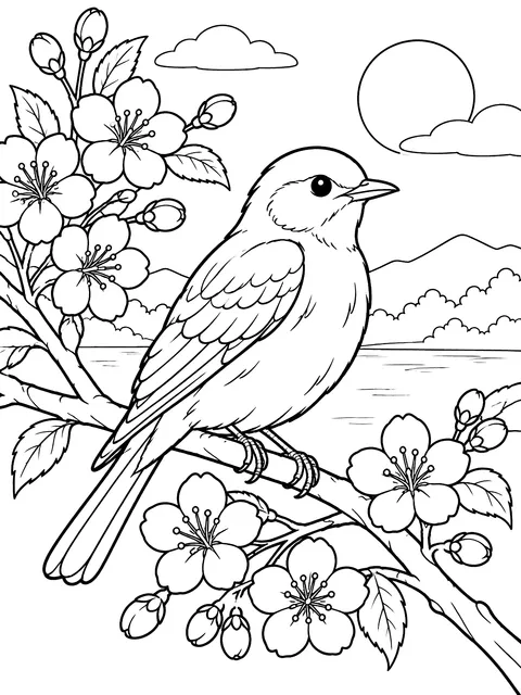 Bluebird on a cherry blossom branch coloring page