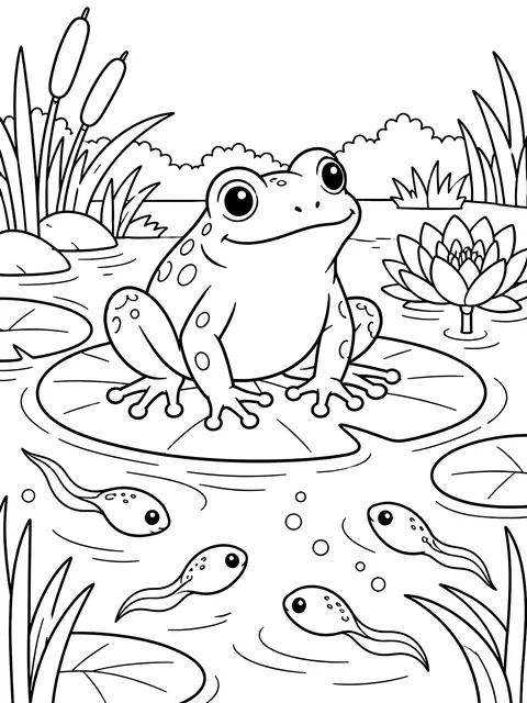 Frog on a lily pad with tadpoles coloring page