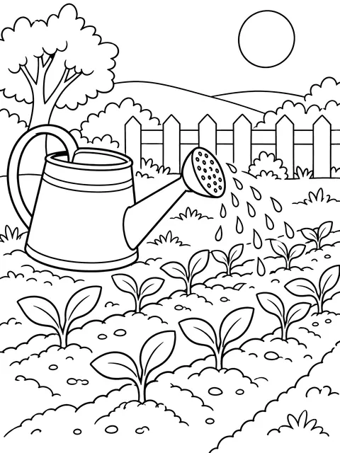 Watering can and rows of sprouts coloring page