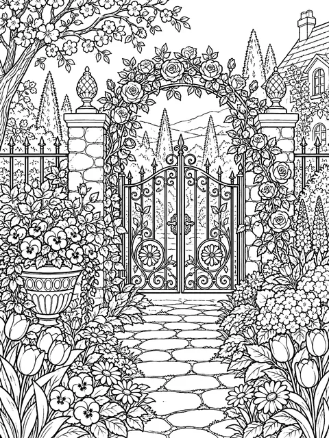 Detailed Detailed spring garden with a gate coloring page