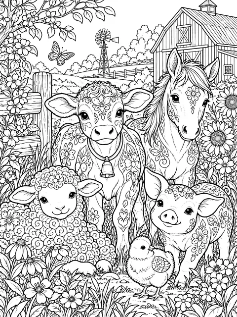 Detailed Baby animals on a farm coloring page