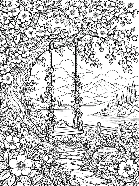 Detailed Blossoming tree with a swing coloring page