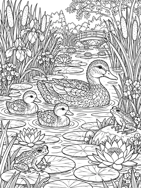 Detailed Pond with ducks, frogs and reeds coloring page