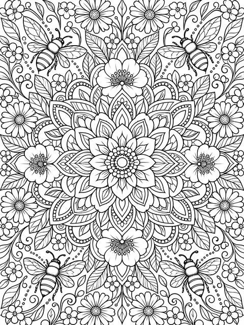 Detailed Spring mandala with flowers and bees coloring page